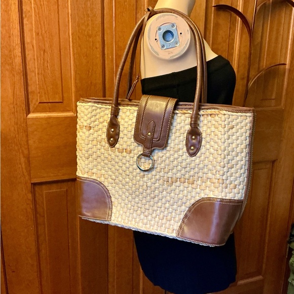 Chaps Tan and Brown Woven Tote Bag - Picture 1 of 8